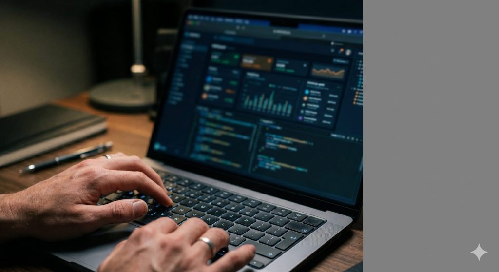A developer conducting website maintenance on a laptop