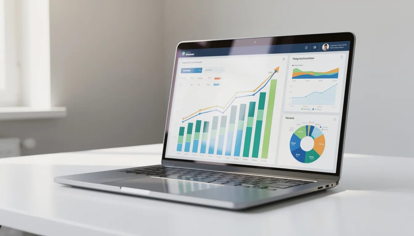 The image shows a laptop with a vibrant display of various charts and growth graphs, illustrating data trends and performance metrics, which may be relevant for an SEO consultant analyzing search engine optimization strategies. The visual emphasizes the importance of digital marketing and SEO services in driving organic traffic and improving search engine rankings.