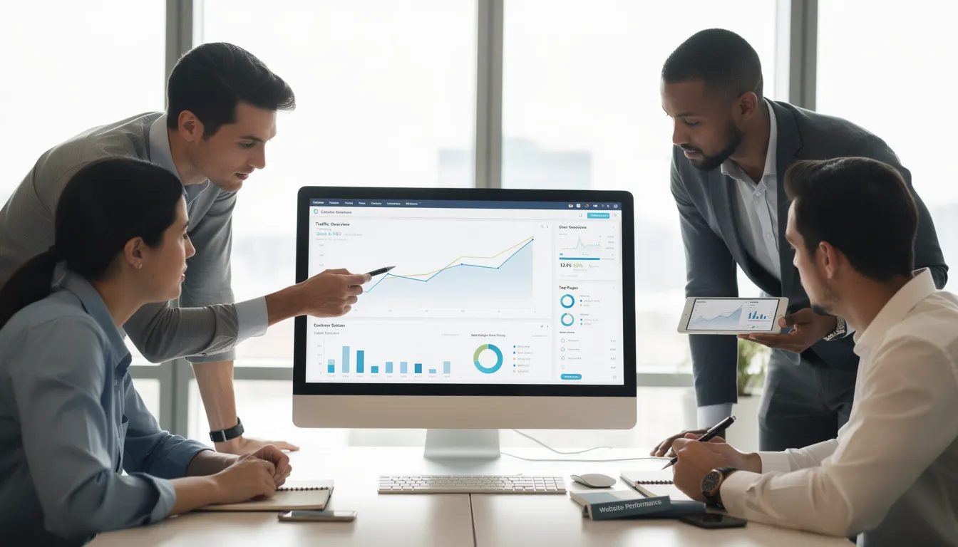 A team of professionals, including an SEO consultant, collaborates around a computer screen to review website analytics, discussing strategies for improving search engine rankings and optimizing organic traffic. They analyze data to enhance their SEO strategy and ensure effective digital marketing efforts.