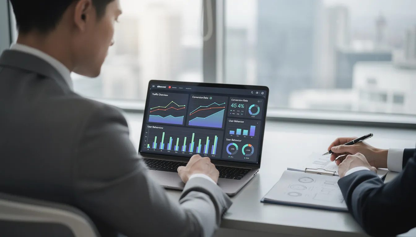 A business professional, focused and engaged, is reviewing website analytics on a laptop screen, analyzing data that may include search engine rankings and organic traffic growth. This scene highlights the importance of SEO consultancy services in optimizing online presence and improving digital marketing strategies.