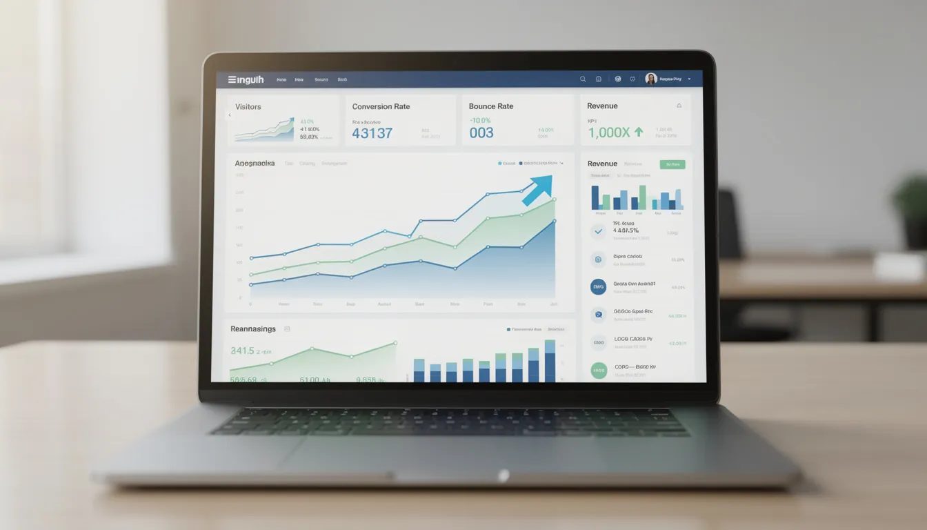The image displays a laptop screen showcasing a website analytics dashboard featuring upward trending graphs and various performance metrics, reflecting successful SEO strategies and organic traffic growth. This visual emphasizes the importance of data in enhancing search engine rankings and optimizing online visibility.