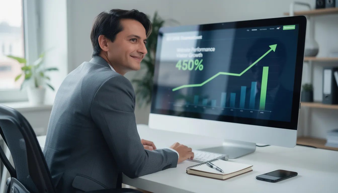 A satisfied business owner is seen reviewing positive website metrics on their computer screen, indicating successful SEO efforts that have improved organic traffic and search engine rankings. The scene reflects the effectiveness of a comprehensive SEO strategy in achieving business goals and enhancing online visibility.