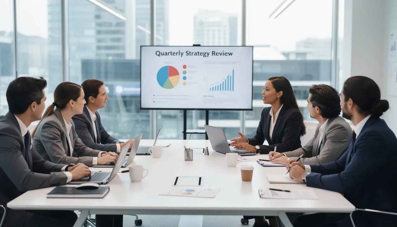 The image depicts a diverse business team engaged in a meeting around a large conference table, discussing strategies and plans. They are likely focusing on topics such as SEO strategies and digital marketing, with documents and laptops present to aid their collaboration.