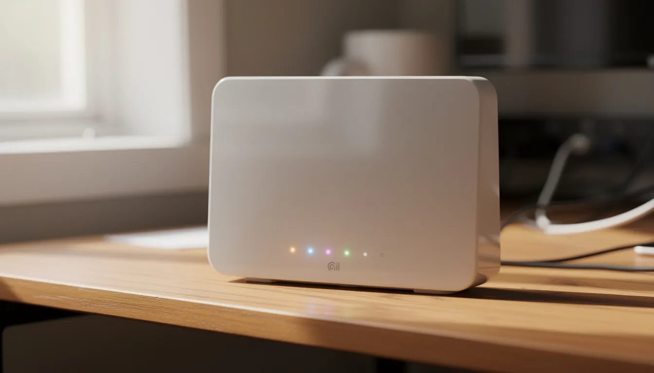 The image shows a home router with blinking lights placed on a wooden desk, indicating the status of the internet connection. This device is essential for users to access services like YouTube for video streaming and monitoring potential outages or issues.