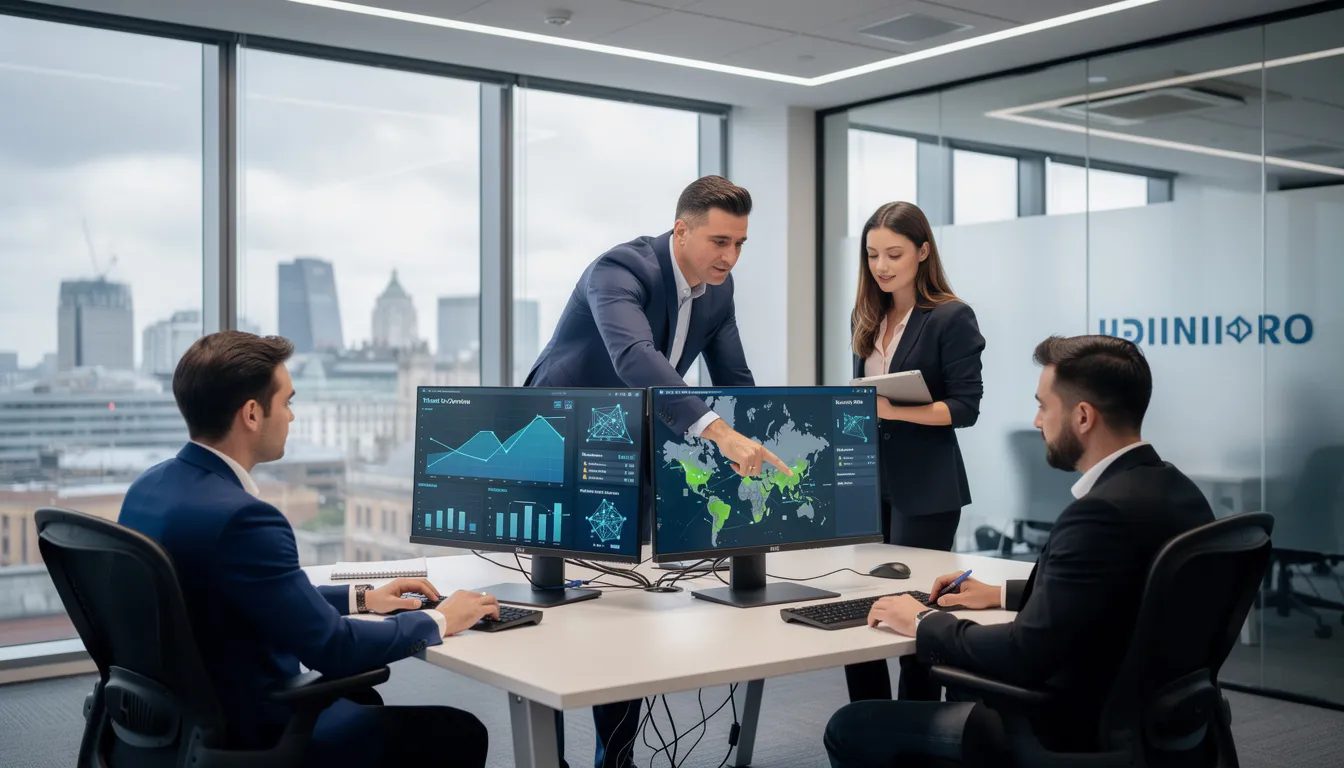 A business team is gathered in a modern UK office, intently reviewing security analytics displayed on multiple computer screens. They are focused on identifying security vulnerabilities and assessing the organization's security posture to enhance their cyber security measures against emerging threats.