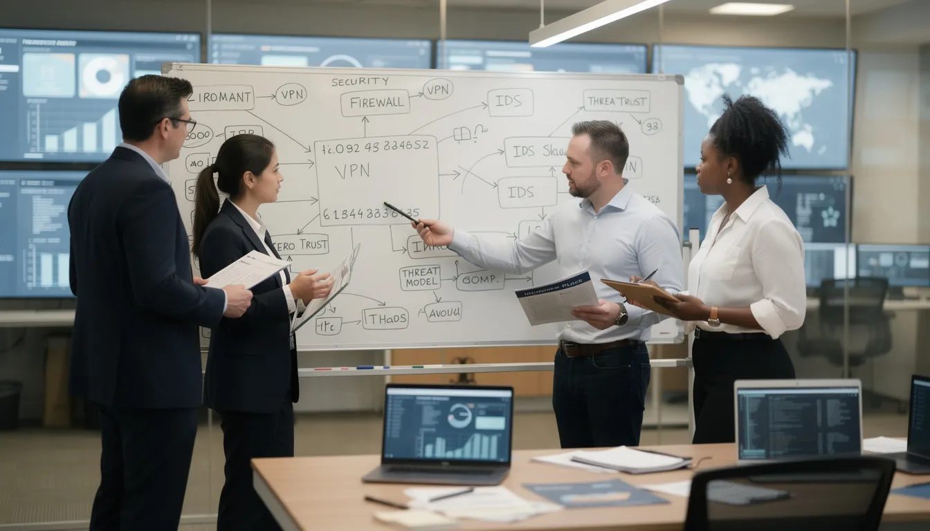 The image shows a group of cyber security professionals collaborating around a whiteboard filled with diagrams and documentation, discussing strategies for identifying security vulnerabilities and improving their organization's security posture through penetration testing services. They are engaged in a dynamic exchange, simulating real-world attacks to uncover potential risks and enhance their security measures.