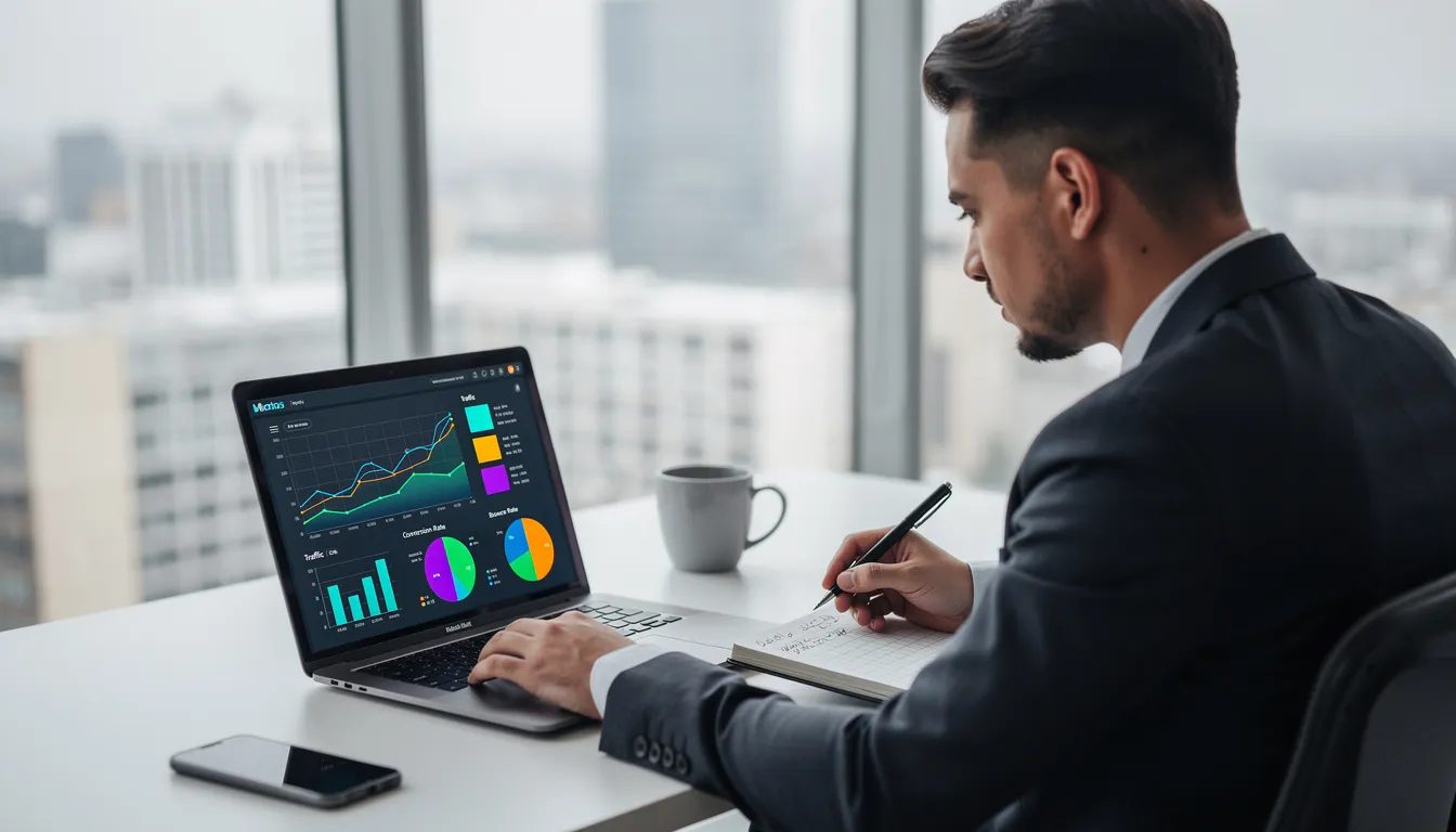 A person is focused on analyzing website data displayed on a laptop screen, featuring colorful charts that provide SEO insights into heading tags and search engine rankings. The vibrant visuals indicate the potential issues and performance of the entire website, making it a handy tool for improving web page structure and content.