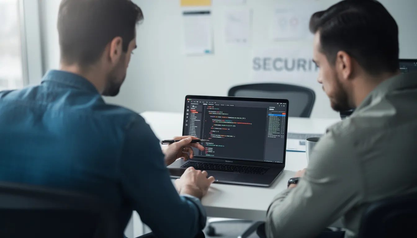 The image depicts a web developer and a security consultant collaborating on a laptop, analyzing code to identify security vulnerabilities. They are focused on enhancing the security posture of web applications through effective penetration testing services.