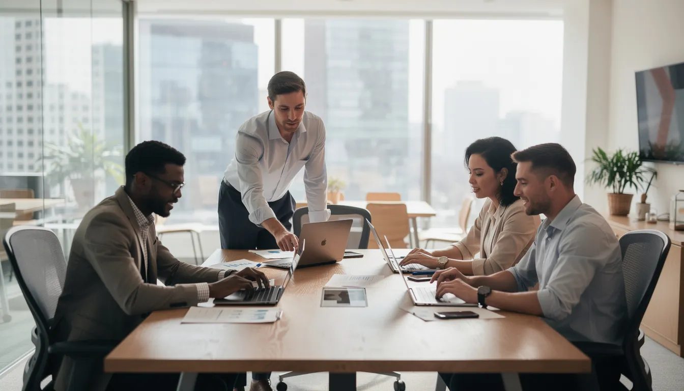 A diverse team of professionals collaborates around laptops in a modern office setting, engaging in discussions and brainstorming ideas. The environment is bright and organized, reflecting a dynamic workspace that fosters teamwork and innovation.