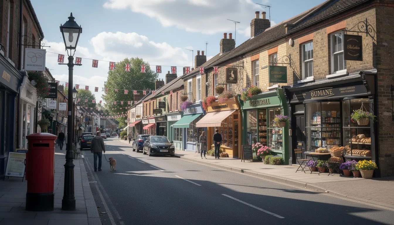 The image depicts a vibrant traditional British high street bustling with small shops and businesses under a clear blue sky on a sunny day. This picturesque scene highlights the charm of local commerce, which is essential for enhancing community engagement and can benefit from effective digital marketing strategies, such as WordPress SEO services, to attract more visitors.