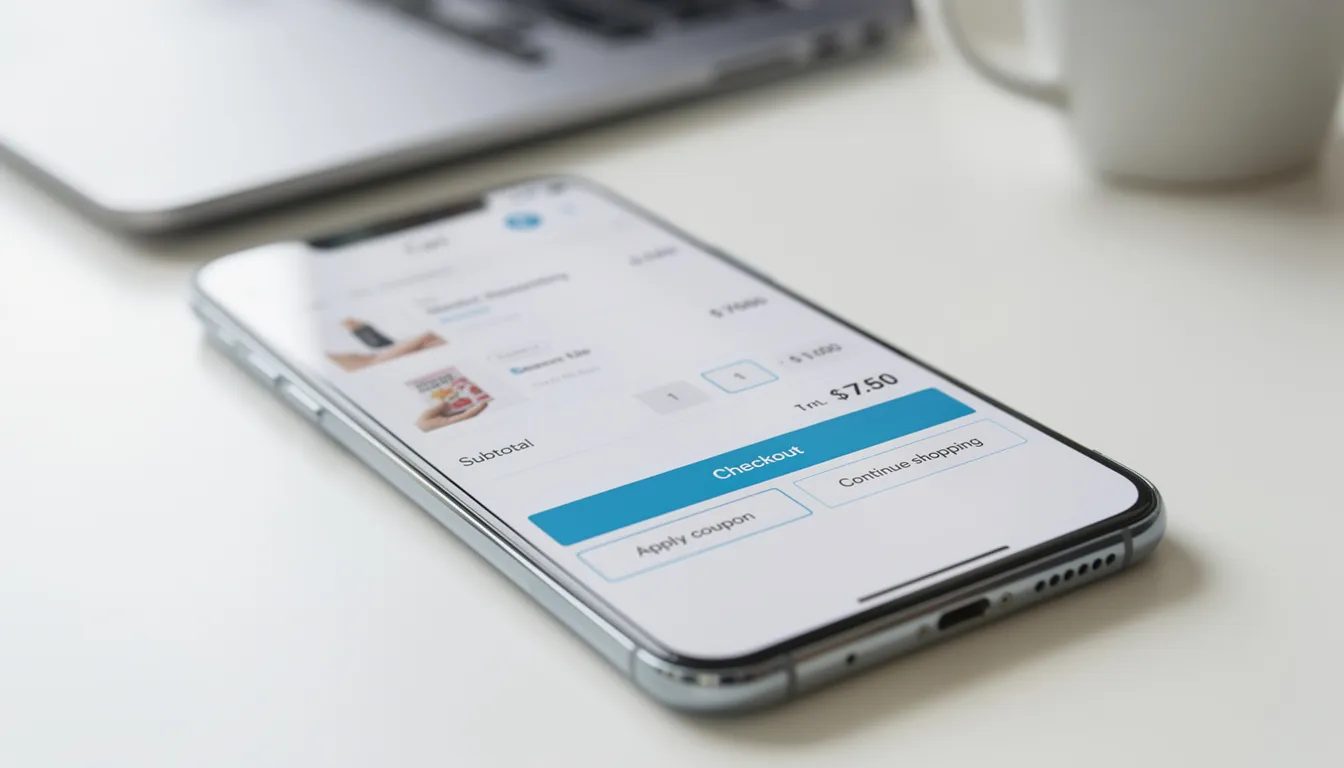 A smartphone screen shows a mobile shopping cart and checkout interface, illustrating the ease of online shopping. This image highlights the importance of user-friendly design in e-commerce, which is a focus of leading WordPress development agencies in London.