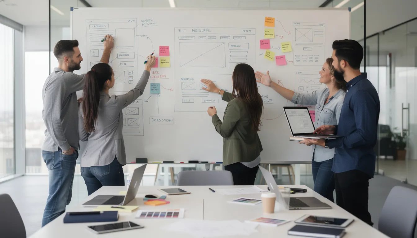 A team of web designers is collaborating around a whiteboard filled with website wireframes, discussing the design and development of a new WordPress site. This dynamic scene showcases their technical expertise and creative process as they work towards building bespoke WordPress websites that meet their clients' business goals.
