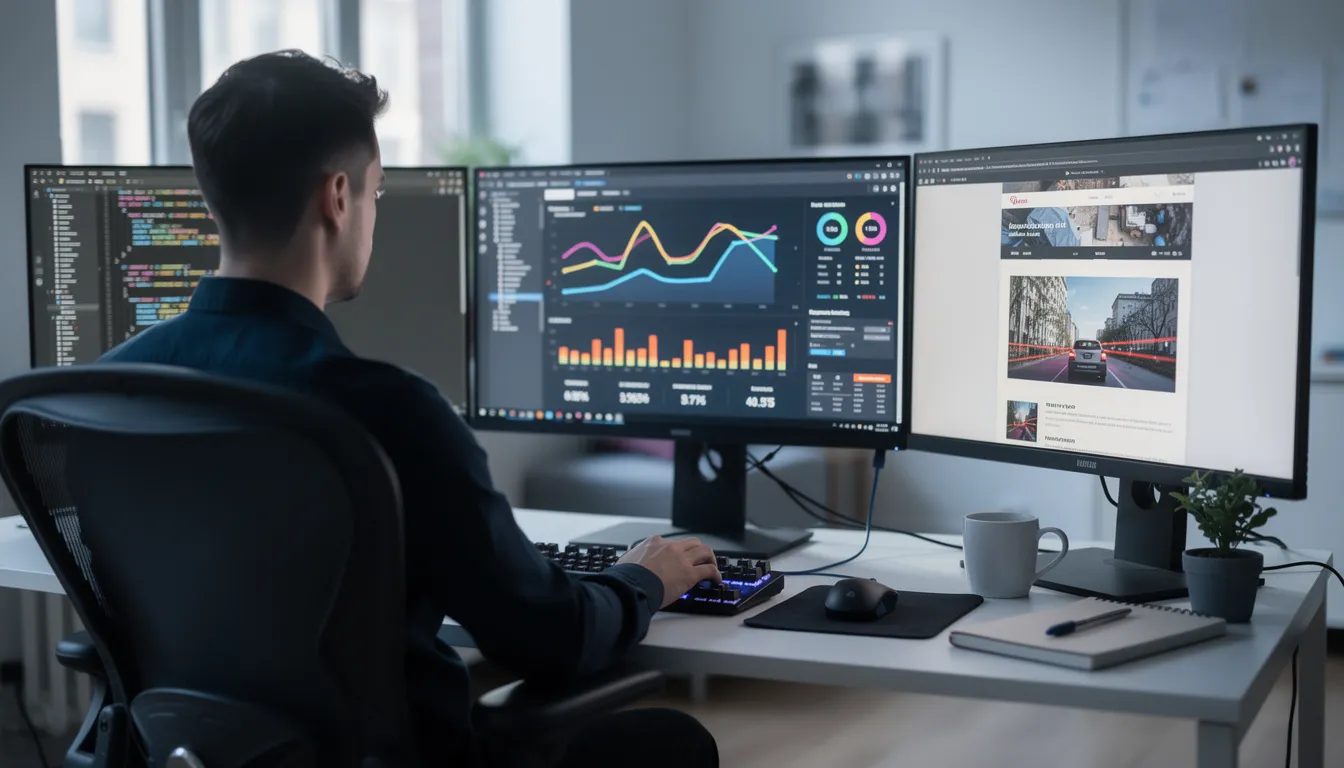 A professional web developer is focused at a desk equipped with multiple monitors displaying website analytics, code, and SEO performance metrics, reflecting their expertise in optimizing WordPress websites for search engines. The screens show data from tools like Google Analytics and Google Search Console, illustrating the developer's role in enhancing organic traffic and improving search engine rankings through effective SEO strategies.