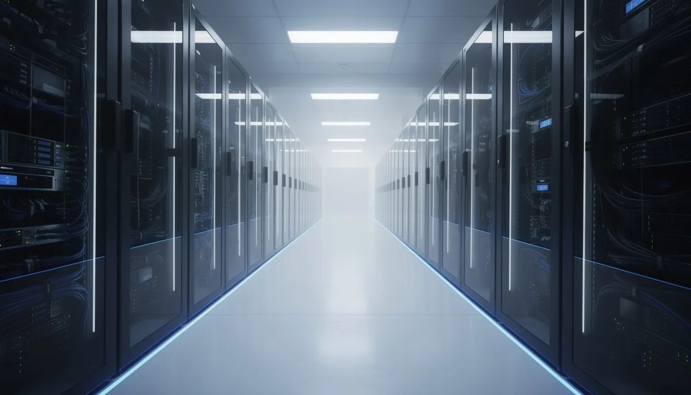 The image depicts a modern server room illuminated by blue LED lighting, featuring rows of sleek server racks that house numerous servers. This high-tech environment is essential for managing and optimizing Wordpress websites and their SEO performance, ensuring efficient data handling and search engine rankings.