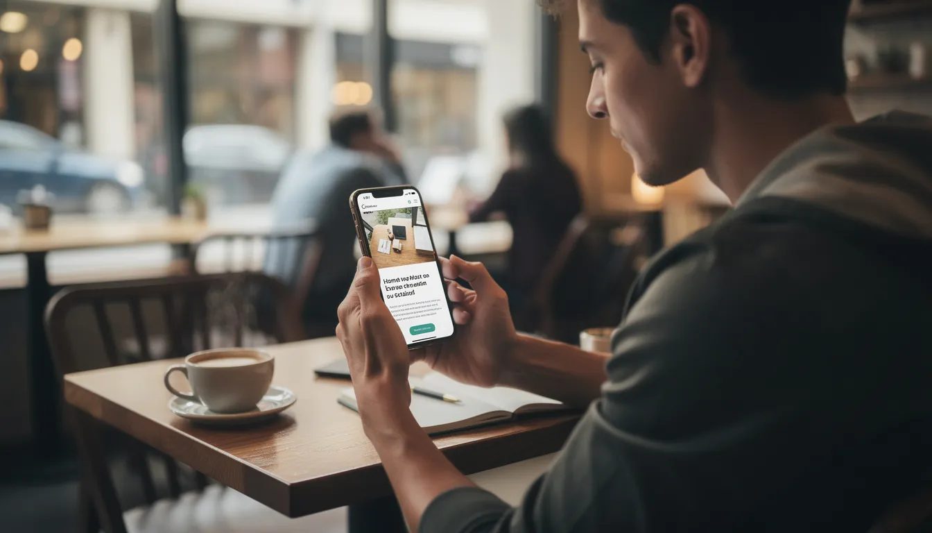 A person is sitting in a coffee shop, intently browsing a fast-loading mobile website on their smartphone, showcasing the importance of optimising WordPress websites for an enhanced user experience. This scene highlights the significance of mobile site speed in achieving better search engine rankings and organic traffic.