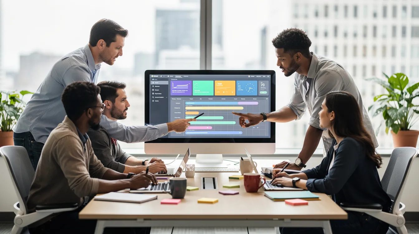 A diverse team of professionals collaborates around a large computer screen in a modern workspace, discussing ideas for a small business website, including aspects like web design, ongoing costs, and search engine optimisation. The atmosphere is focused and dynamic, highlighting the importance of teamwork in creating an effective online presence for businesses.