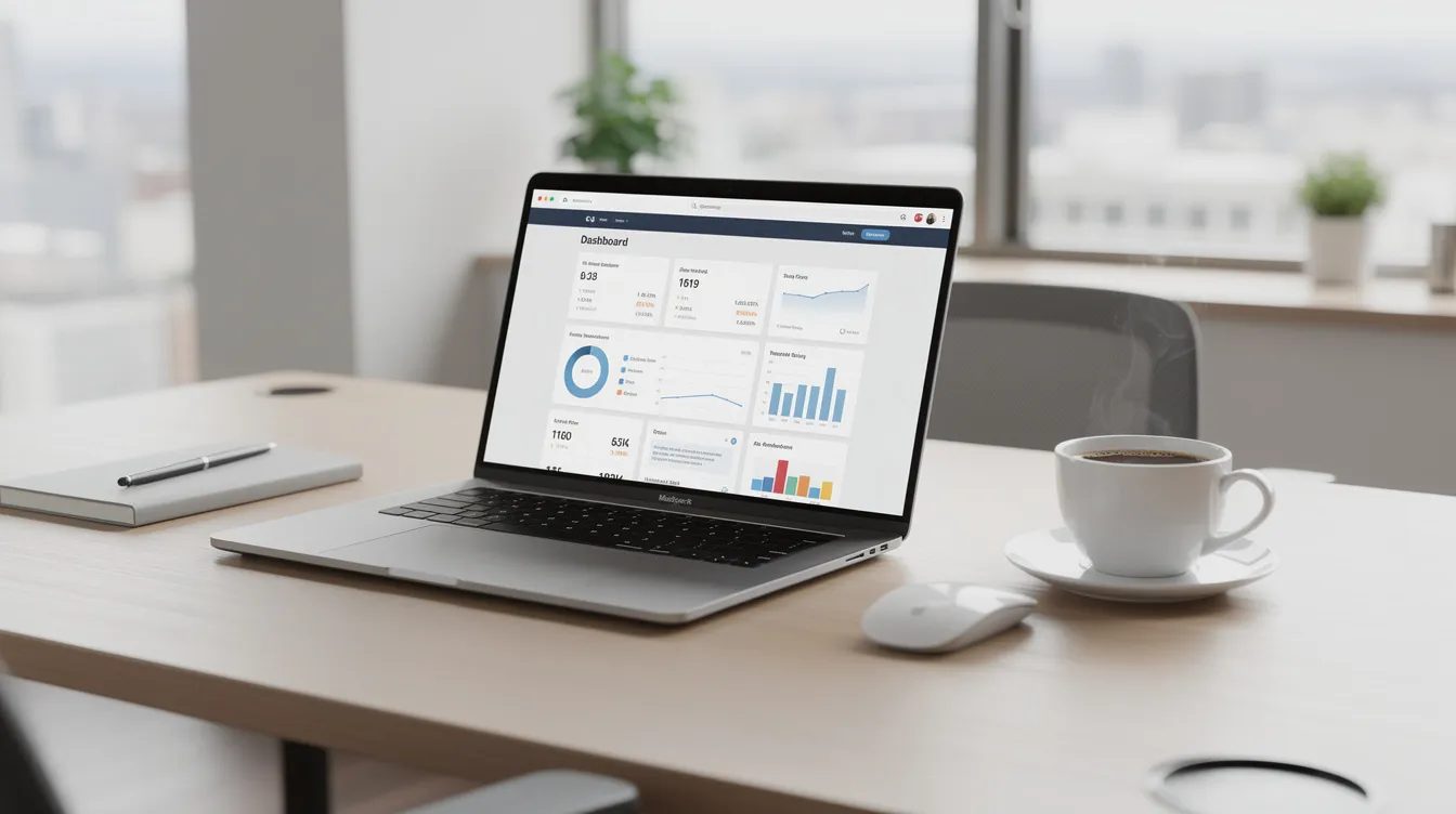 The image depicts a modern office desk featuring a laptop displaying a website dashboard, alongside a coffee cup. This setup is ideal for a small business owner or web designer who is managing ongoing costs and monitoring their website's performance.