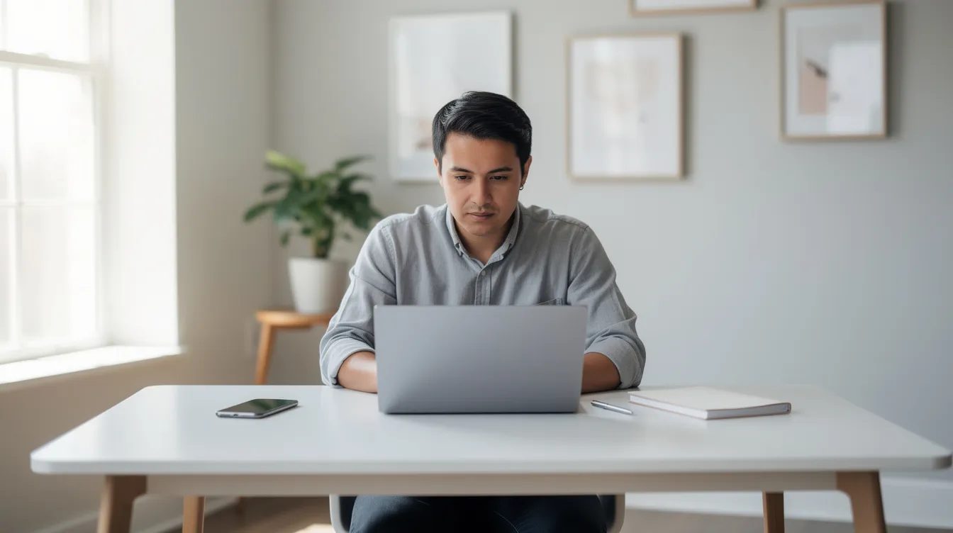 A small business owner is focused on their laptop at a clean, modern desk, surrounded by minimalistic decor that reflects a professional atmosphere. This setting highlights the importance of having a well-designed small business website to engage potential customers and manage ongoing costs effectively.