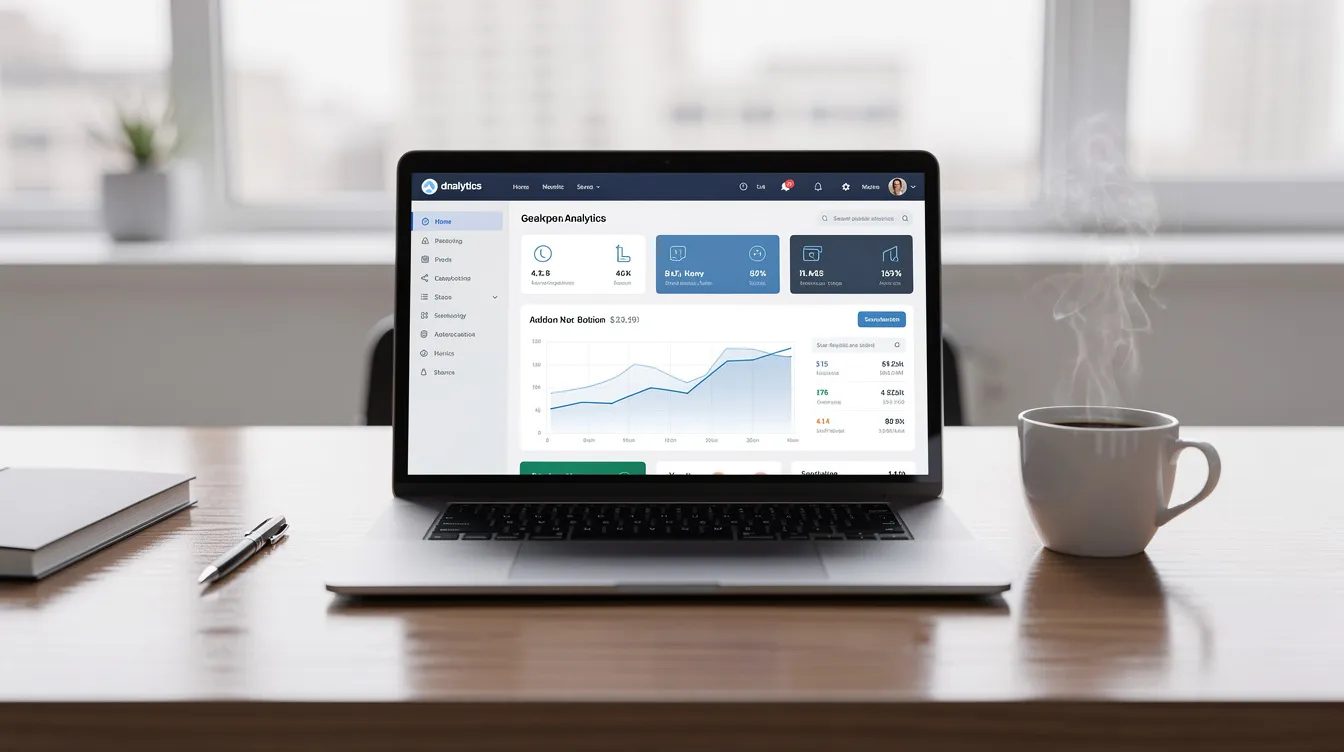 The image depicts a professional workspace featuring a laptop displaying a WordPress dashboard, alongside a coffee cup, symbolizing productivity and the use of AI-powered tools for website creation and management. The setup suggests a focus on utilizing AI capabilities and plugins to enhance the development of a professional WordPress website.