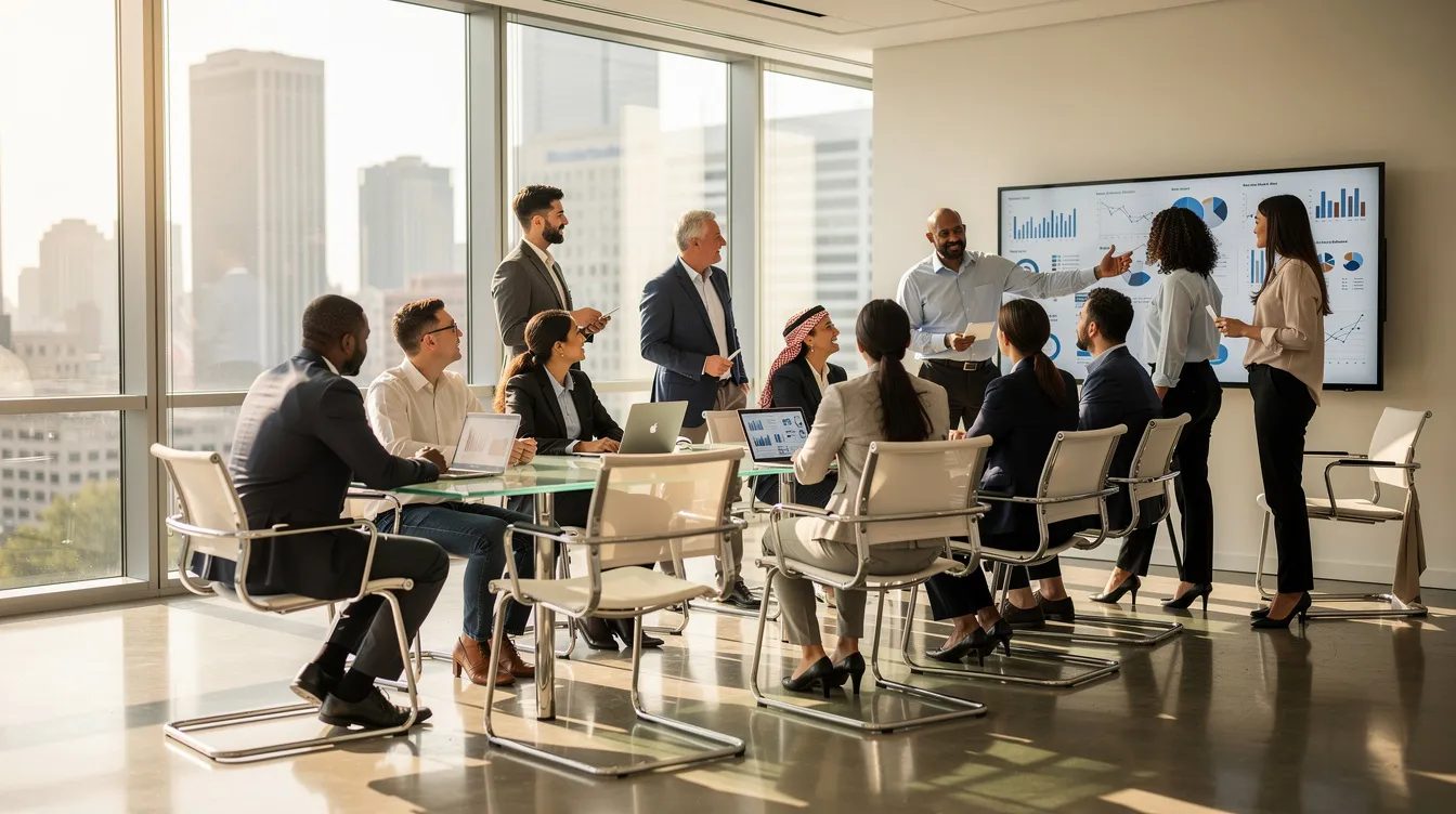 The image features a diverse group of professionals collaborating in a modern office setting, showcasing a web design team engaged in a discussion about a new website design project. Their dynamic interaction highlights the importance of teamwork in achieving project objectives and meeting the needs of their target audience.