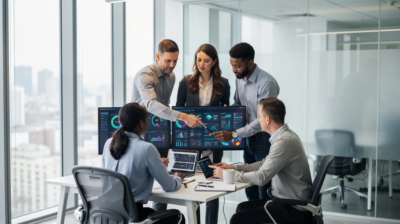 A diverse business team collaborates around computer screens in a modern office, utilizing various AI tools and plugins to enhance their workflow and content creation. Their discussion likely involves strategies for building a professional WordPress website, leveraging AI-powered features and capabilities to optimize their projects.