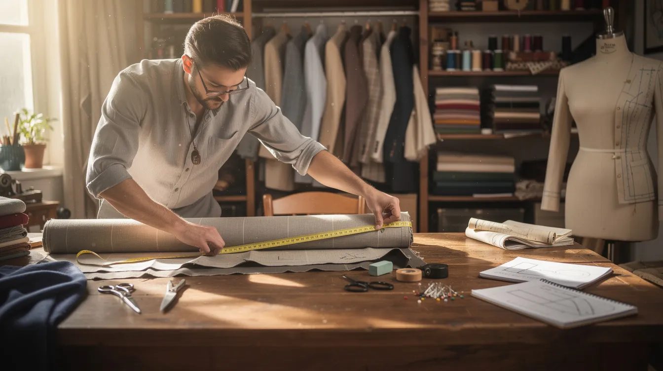 A tailor is meticulously measuring fabric in a workshop, showcasing the craftsmanship and attention to detail that goes into creating bespoke garments. This image symbolizes the dedication required in custom development processes, akin to the meticulous work of a WordPress developer crafting a bespoke WordPress website.