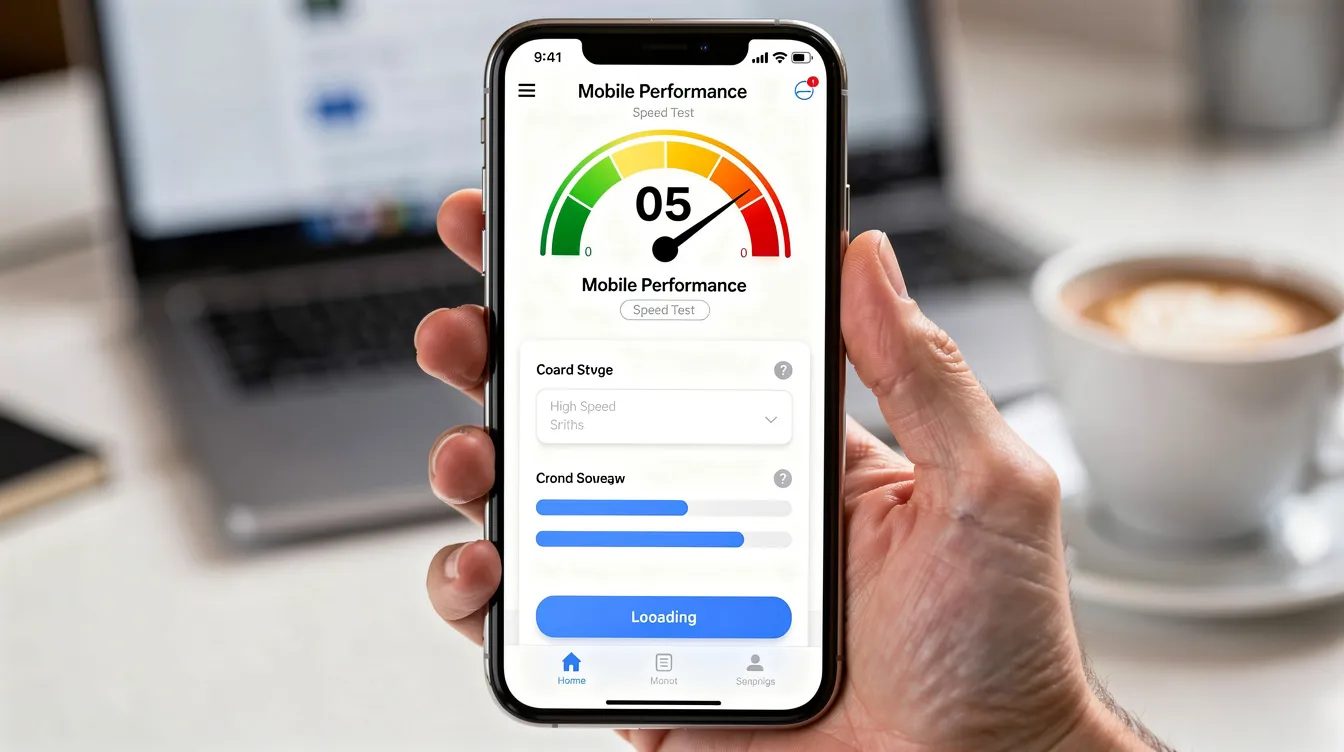 A smartphone shows a fast-loading bespoke WordPress website with a speed indicator, highlighting the site's high performance and optimized user experience. This image represents the importance of custom WordPress development for achieving swift website performance.