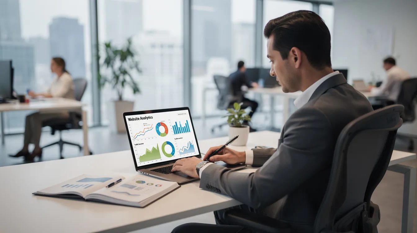 A business professional is seated at a sleek desk in a modern office, intently reviewing website analytics on a laptop. The setting reflects a focus on high performance WordPress sites, showcasing the importance of data in achieving business goals through custom WordPress development.