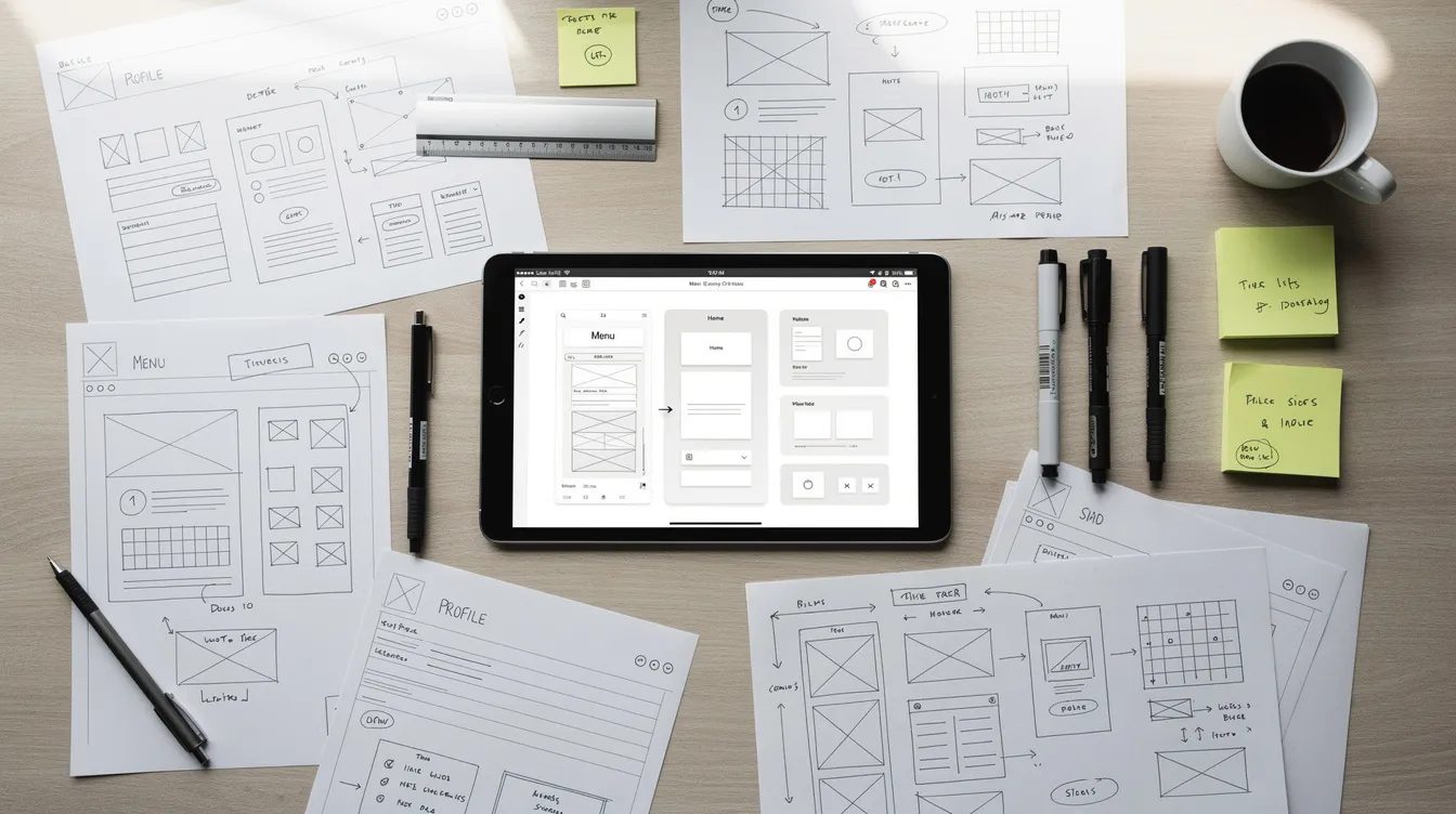 The image features design sketches and wireframes scattered across a desk, with a tablet prominently displaying layout planning for a bespoke WordPress website. This setup highlights the custom WordPress development process, showcasing the intricate planning involved in creating a tailored site that meets specific functionality and business needs.