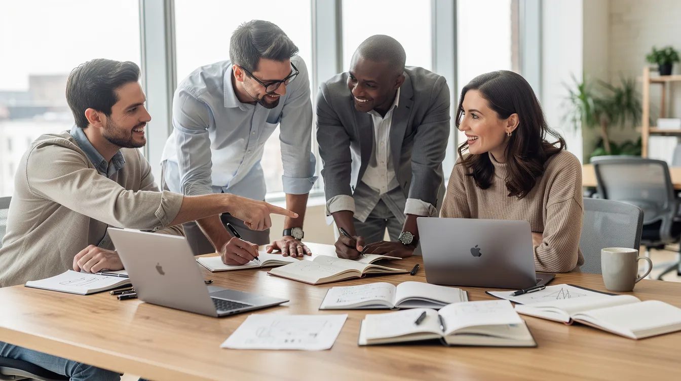 A group of diverse team members collaborates around a table, engaged in a web design project with laptops and notebooks, discussing ideas and project objectives for a new website. The atmosphere is focused and creative, highlighting the importance of teamwork in the design process.