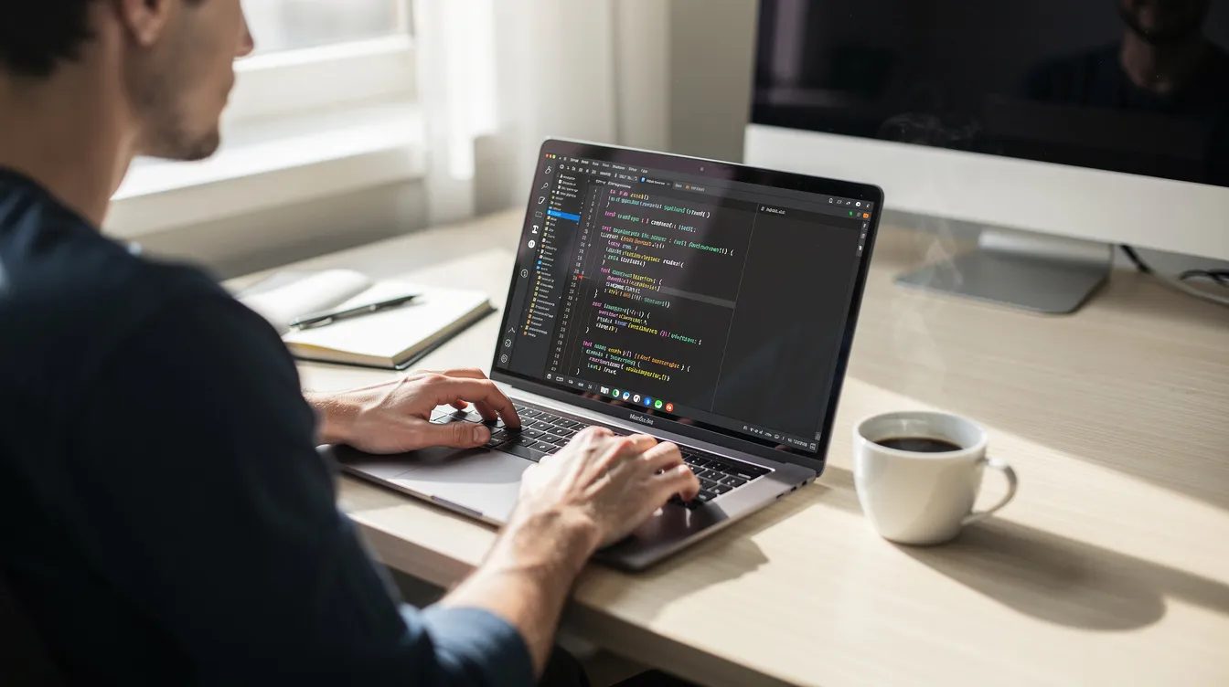 A developer is seated at a desk, focused on a laptop displaying a code editor, with a coffee cup positioned nearby. This scene captures the essence of working on a WordPress website, possibly involving tasks related to site migration or manual adjustments to the site's database and files.
