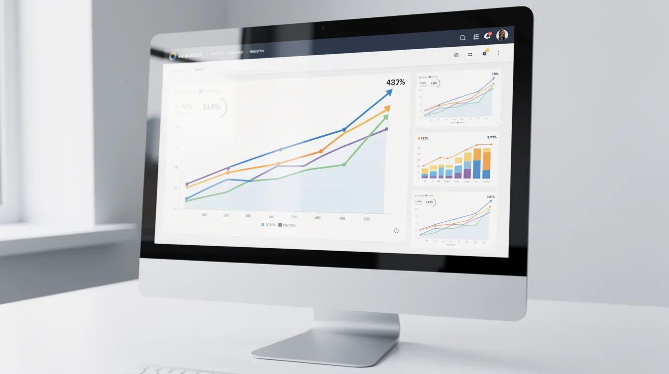 The image shows a computer monitor displaying website analytics with various graphs, prominently featuring upward trending lines that indicate growth. This visual representation is essential for monitoring the performance of a WordPress site, especially during the migration process to ensure successful transitions between hosting providers.