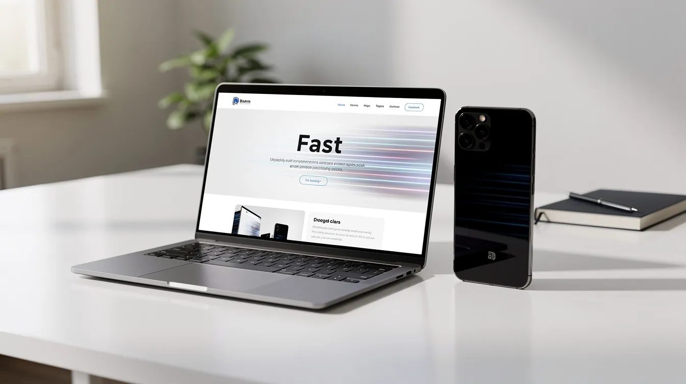 The image features a modern laptop and smartphone positioned side by side, both showcasing a fast-loading headless WordPress website against a clean office desk background. This setup highlights the benefits of a headless architecture, emphasizing improved performance and flexibility for website owners across multiple platforms.
