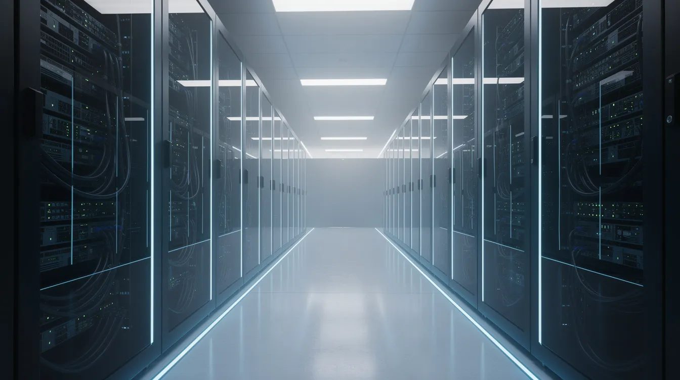 The image depicts a sleek, modern data center interior, featuring rows of server racks that are illuminated by soothing blue LED lights. This high-tech environment is essential for hosting providers, ensuring efficient management of WordPress sites and their migration processes.