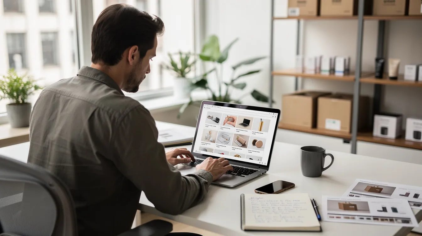 A small business owner is seated at a modern office desk, intently reviewing products on a laptop, which may be part of their ecommerce website. The scene reflects the dynamic environment of managing an online store, highlighting the importance of platforms like Magento and WooCommerce for small businesses.