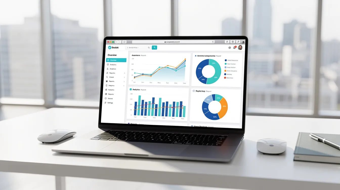 The image depicts a clean and modern laptop screen showcasing a digital dashboard interface, complete with various charts and navigation menus, set in a bright office environment. This vendor dashboard is designed for a multi vendor marketplace, allowing store owners to manage sales performance and vendor registrations efficiently.