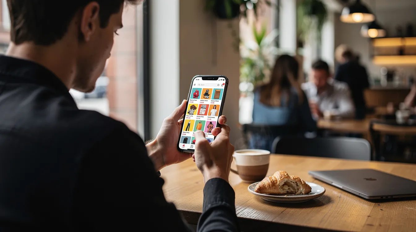 A person is sitting in a cafe, using a smartphone to browse a multi vendor marketplace app, exploring various vendor shops and products. The scene captures the convenience of shopping from multiple vendors in a professional online marketplace setting.