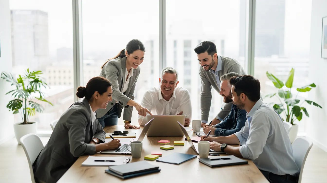 A collaborative team is gathered around a large table in a bright, modern office, working together with laptops and notebooks. This scene reflects the dynamic environment of a multi vendor marketplace, where multiple vendors can manage their products and sales performance effectively.