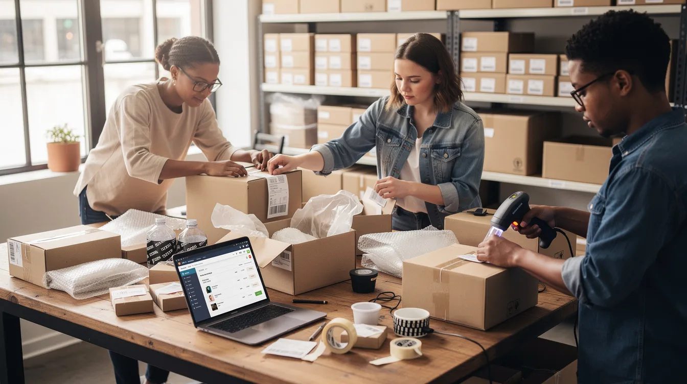 A small team is diligently packing products for an ecommerce delivery, preparing items for shipment to customers who shop online. This scene highlights the essential operations of a successful ecommerce website, showcasing the behind-the-scenes efforts that contribute to fulfilling orders efficiently.