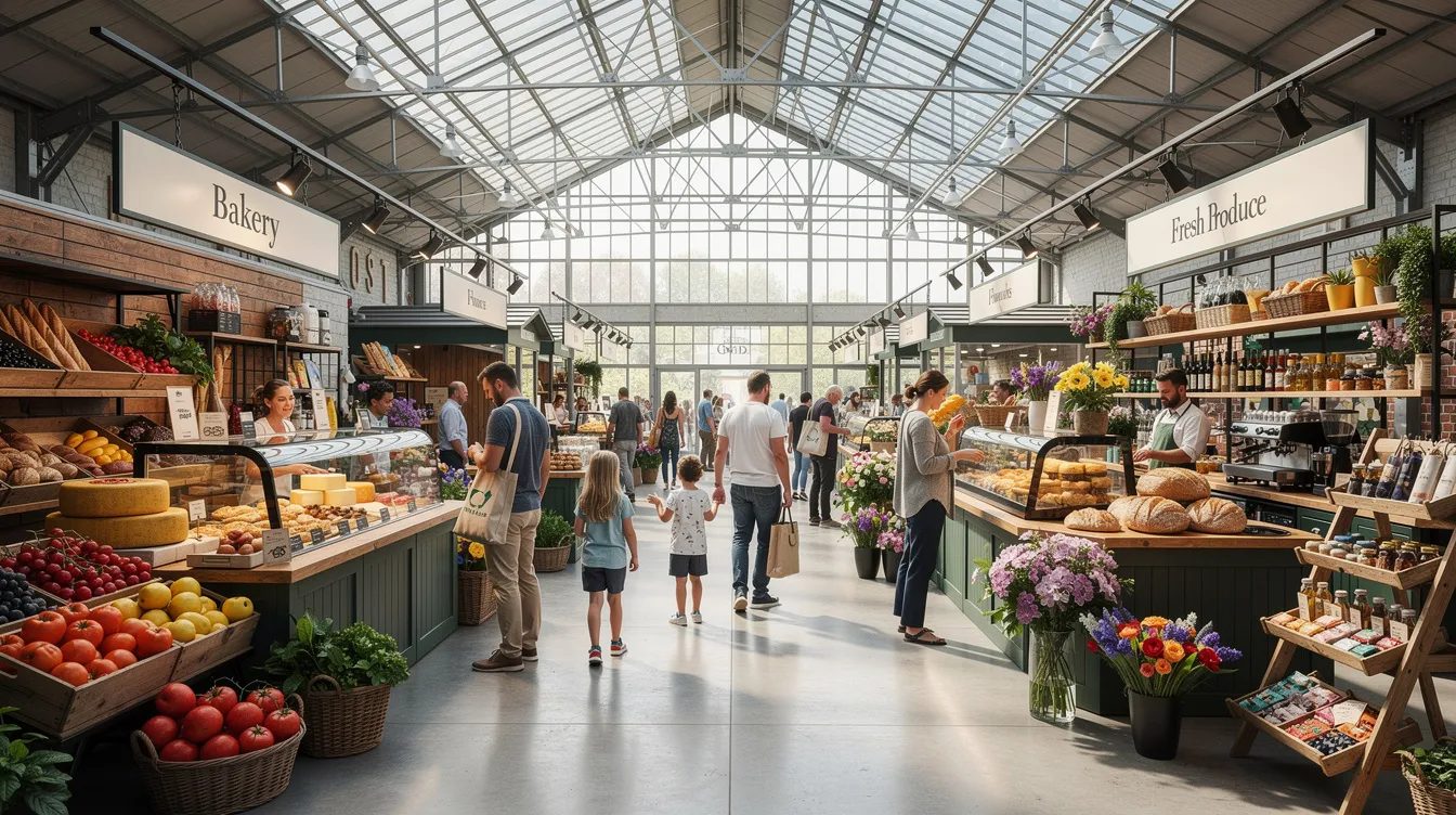 The image depicts a vibrant indoor market hall bustling with activity, showcasing multiple vendor stalls under one shared roof, where independent sellers offer a variety of products. This lively multi vendor marketplace highlights the diversity of goods available, emphasizing the collaborative spirit of store owners and their unique vendor shops.