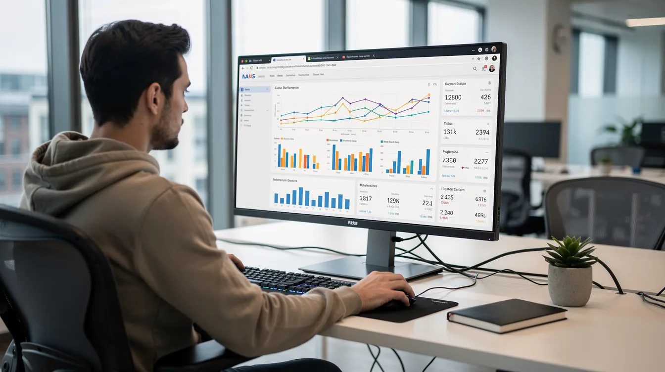 A developer is intently analyzing website performance charts displayed on a large monitor, focusing on the metrics that impact their ecommerce platform's efficiency. This scene highlights the importance of monitoring tools for optimizing an ecommerce store, whether it's built on Magento or WooCommerce, to enhance user experience and performance.