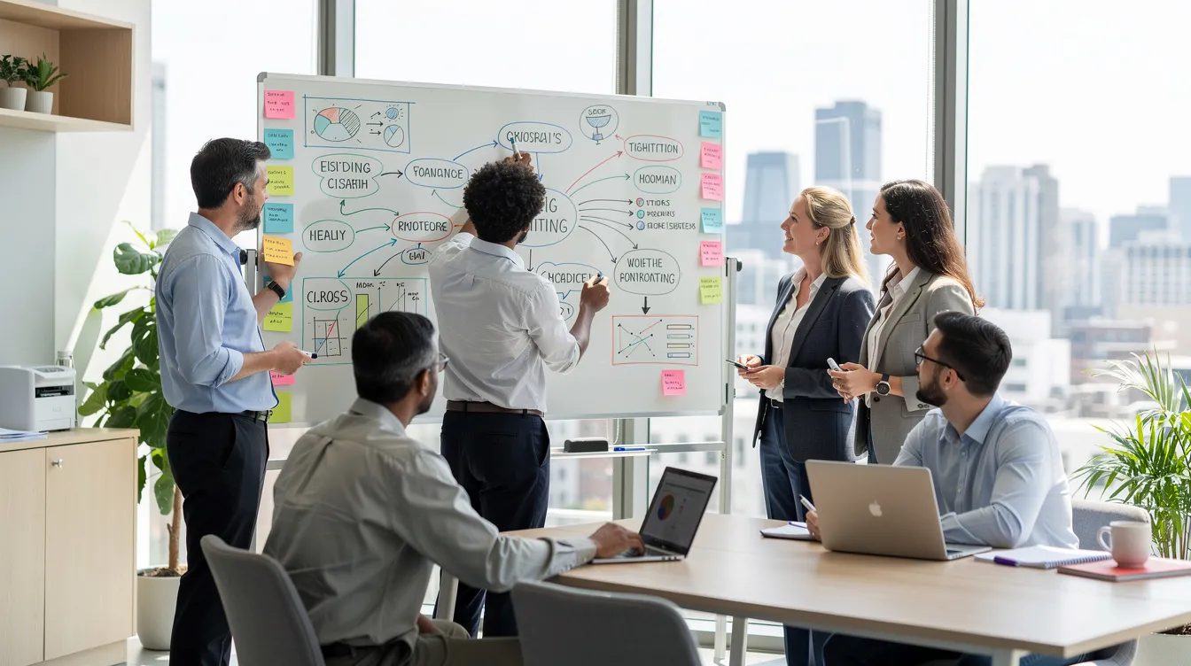 A diverse team of professionals is collaborating around a whiteboard in a bright, modern office space, discussing strategies for a headless WordPress setup. The atmosphere is dynamic and engaging, reflecting the benefits of using a headless content management system for improved performance and flexibility in managing content across multiple platforms.