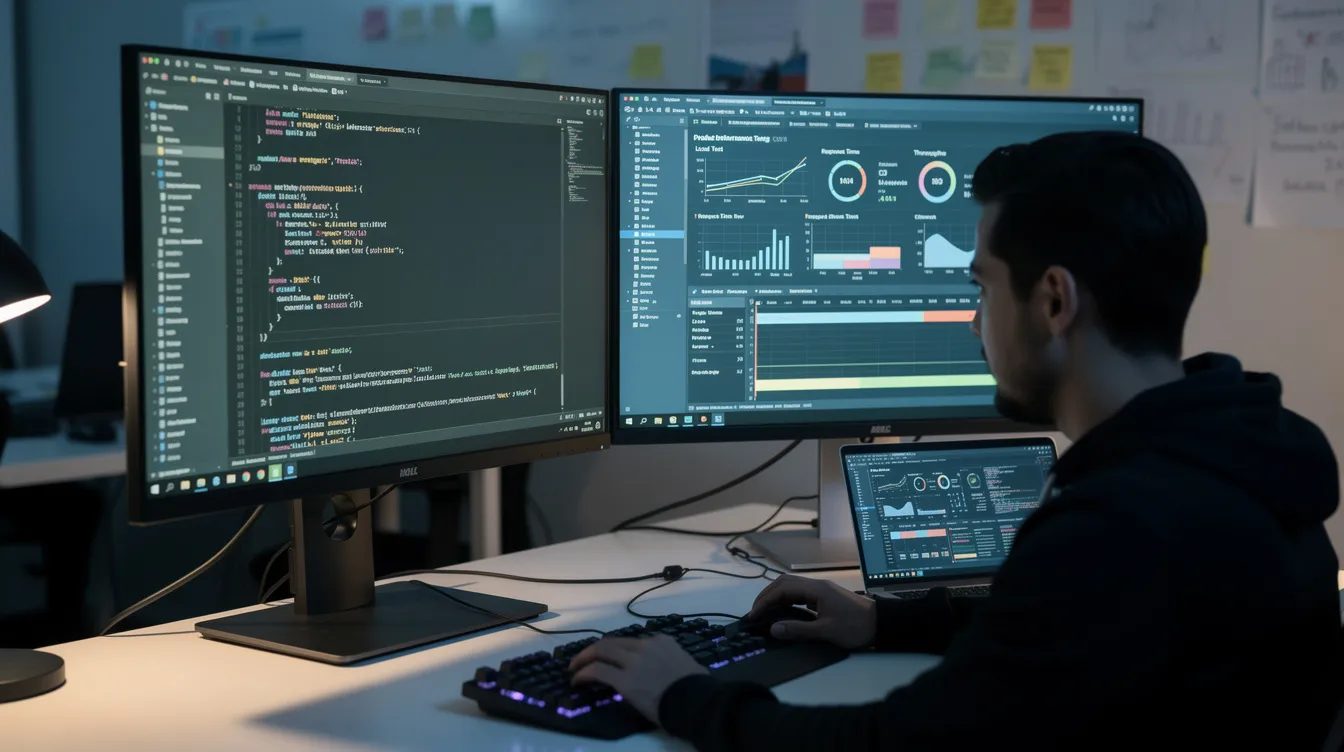 A developer is focused on coding and performance testing for an ecommerce website, ensuring optimal functionality for online stores. The workspace features multiple screens displaying code, performance metrics, and various payment gateways, highlighting the importance of efficient payment processing and user experience for small businesses.