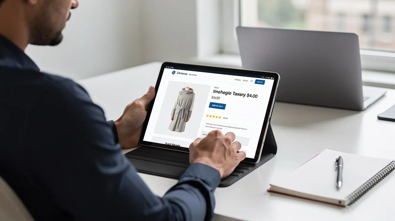 An ecommerce designer is focused on reviewing a product page layout on a tablet, showcasing the advanced features and customization options available for an ecommerce website. This scene highlights the importance of effective design in enhancing the user experience for online stores, particularly for platforms like Magento and WooCommerce.