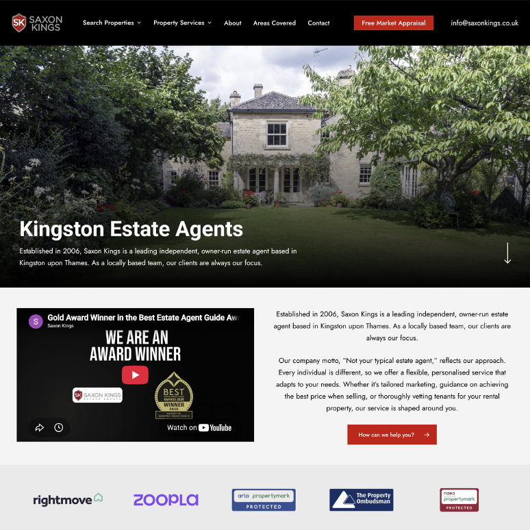 A screenshot of the estate agent website Saxon Kings built by Cude